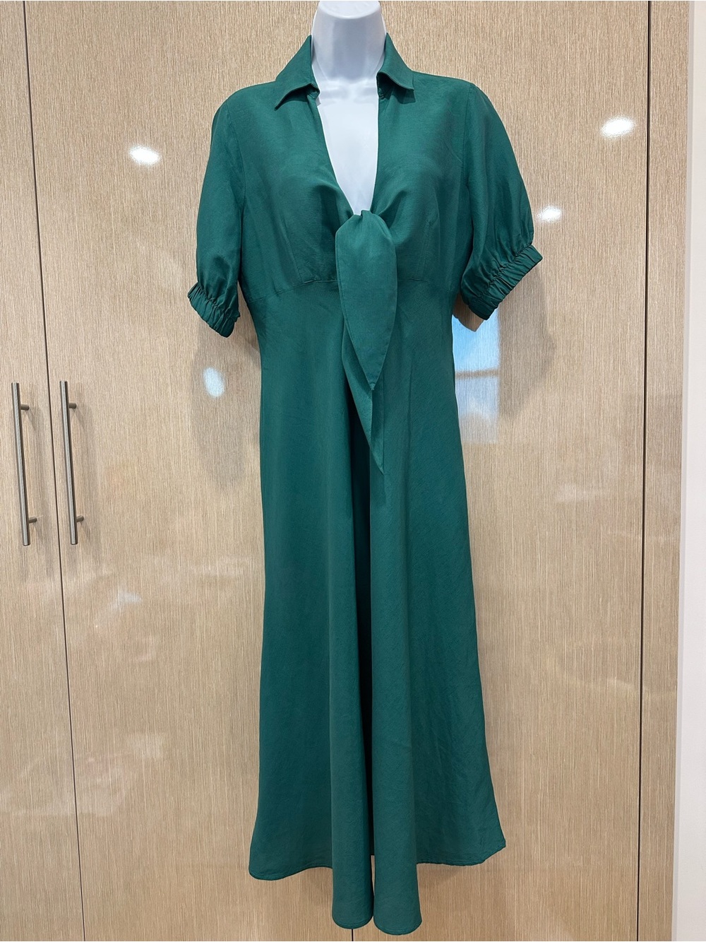ZARA Emerald Green Tie-Front Midi Dress Size M